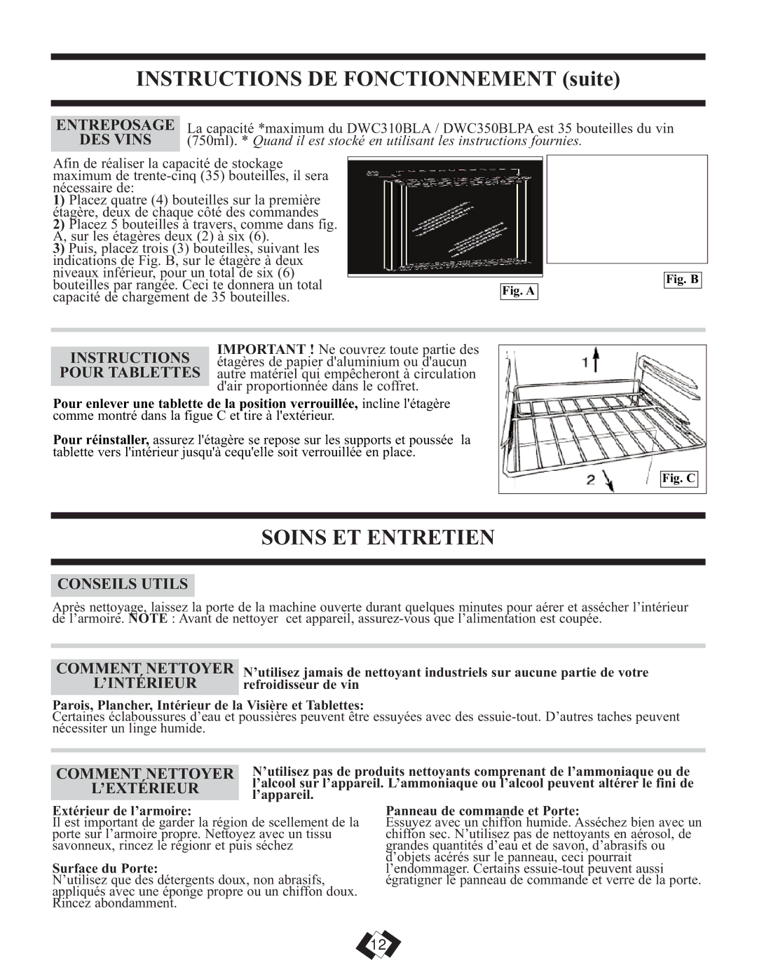 Danby DWC350BLPA installation instructions Soins Et Entretien 